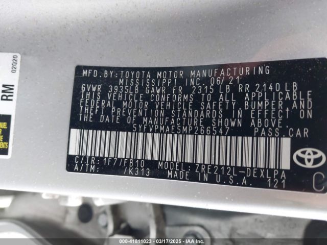 5YFVPMAE5MP266547 Toyota COROLLA LE