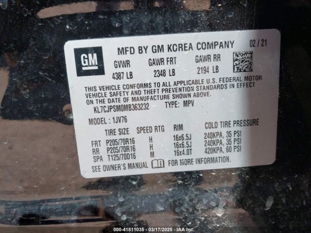 KL7CJPSM0MB363232 Chevrolet Trax Awd Lt
