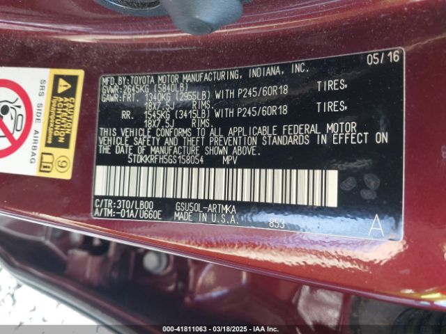 5TDKKRFH5GS158054 Toyota Highlander Xle V6