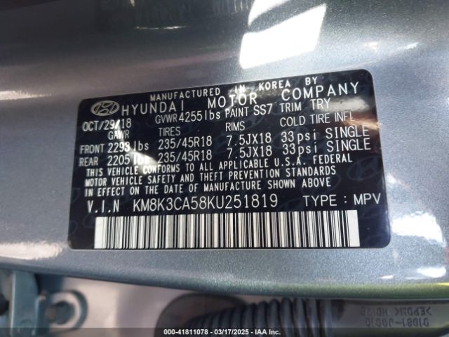 KM8K3CA58KU251819 Hyundai Kona Limited