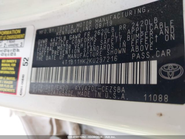 4T1B11HK2KU297216 Toyota CAMRY SE