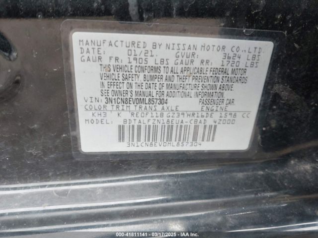 3N1CN8EV0ML857304 Nissan Versa Sv Xtronic Cvt