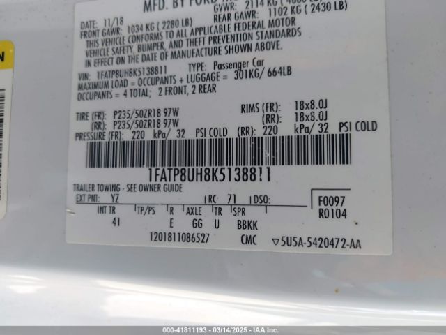 1FATP8UH8K5138811 Ford Mustang Ecoboost Premium