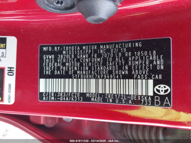 5YFBURHE7KP949541 Toyota COROLLA SE
