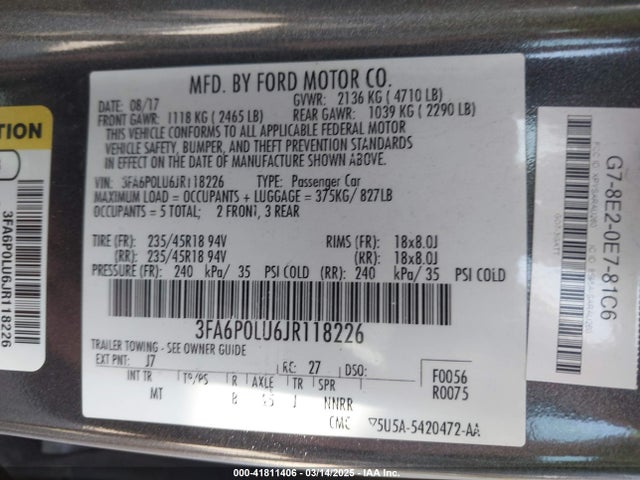 3FA6P0LU6JR118226 Ford Fusion Hybrid Se