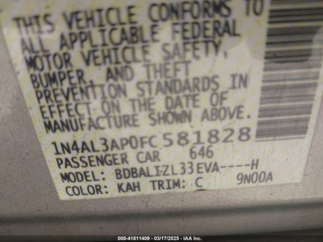 1N4AL3AP0FC581828 Nissan Altima 2.5 Sv
