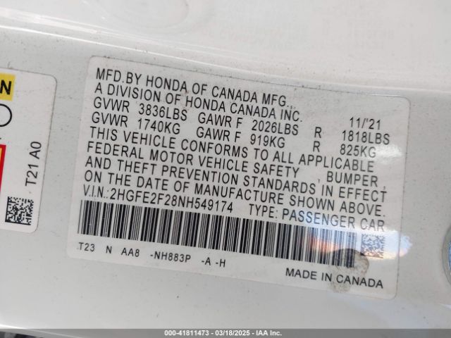 2HGFE2F28NH549174 Honda Civic Lx