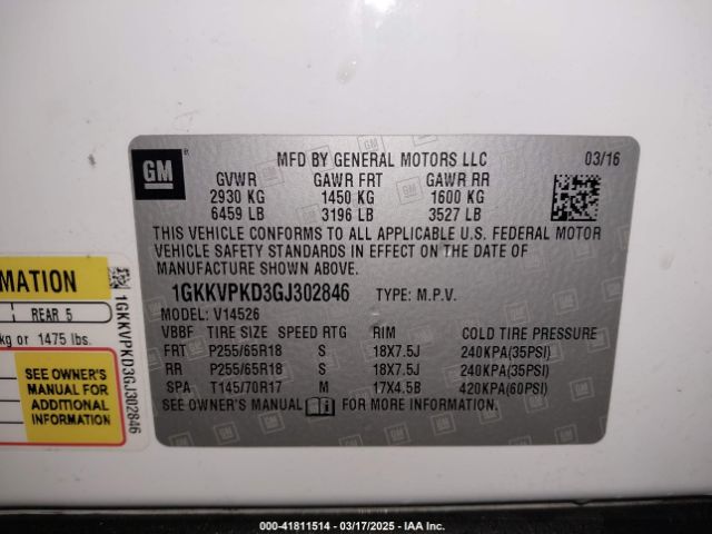 1GKKVPKD3GJ302846 GMC Acadia Sle-2