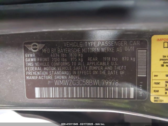 2011 MINI COOPER S COUNTRYMAN WMWZC3C58BWL79978 Photo 8