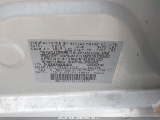3N1CE2CP3KL363503 Nissan Versa Note Sv
