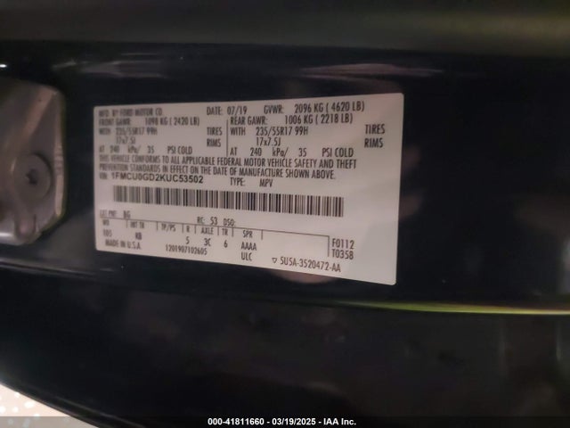 1FMCU0GD2KUC53502 Ford ESCAPE SE
