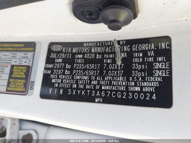 Aukcja sprzedaży 2012 Kia Sorento Lx, vin: 5XYKT3A67CG230024, numer aukcji: 41811696
