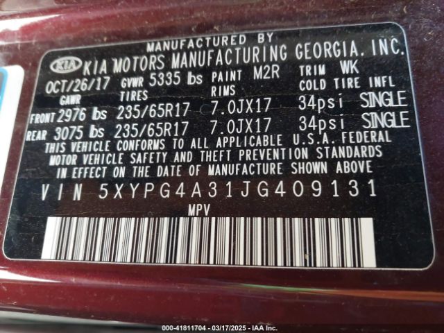 5XYPG4A31JG409131 KIA Sorento 2.4l Lx