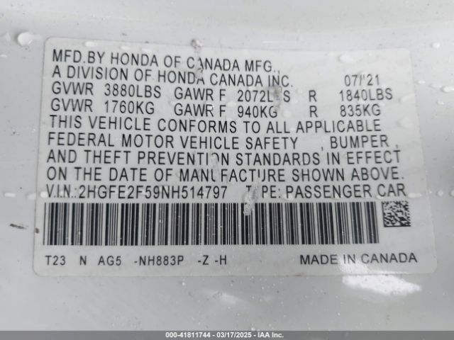 2HGFE2F59NH514797 Honda Civic Sport