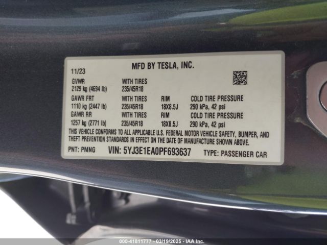 5YJ3E1EA0PF693637 Tesla Model 3 Rear-wheel Drive