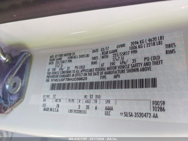1FMCU0F78HUD58825 Ford ESCAPE S