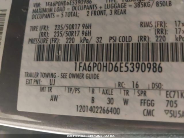 1FA6P0HD6E5390986 Ford FUSION SE