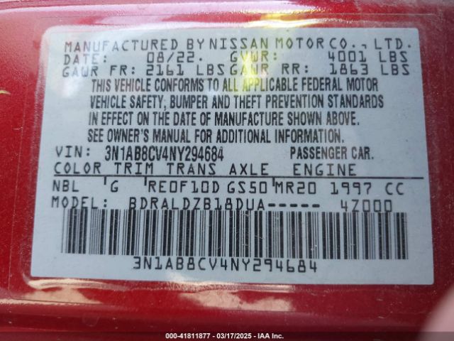 3N1AB8CV4NY294684 Nissan Sentra Sv Xtronic Cvt