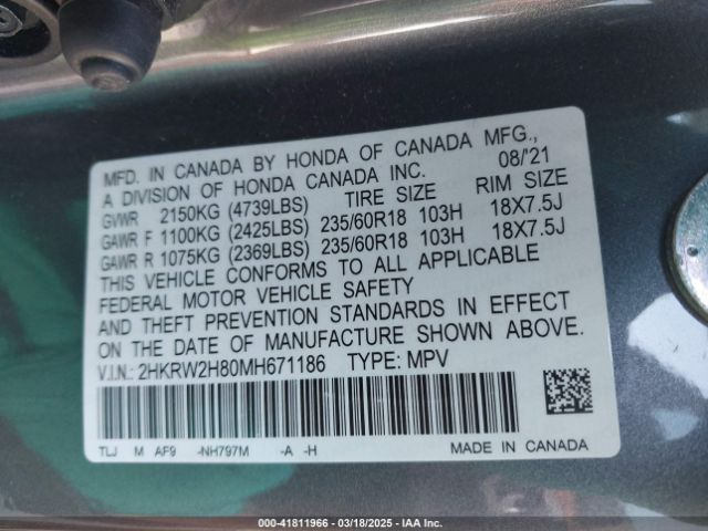 2HKRW2H80MH671186 Honda Cr-v Awd Ex-l