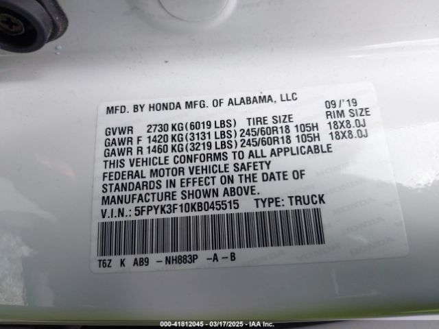 5FPYK3F10KB045515 Honda Ridgeline Sport