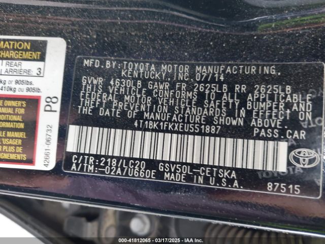 4T1BK1FKXEU551887 Toyota Camry Se V6