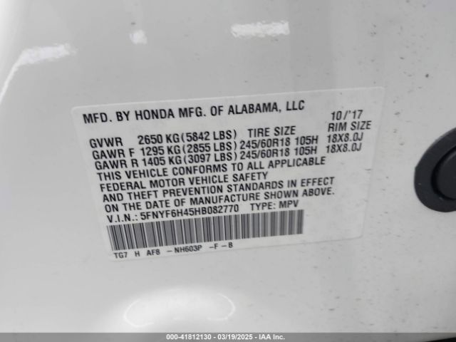 5FNYF6H45HB082770 Honda Pilot Ex