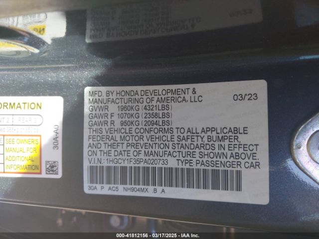 1HGCY1F35PA020733 Honda ACCORD EX