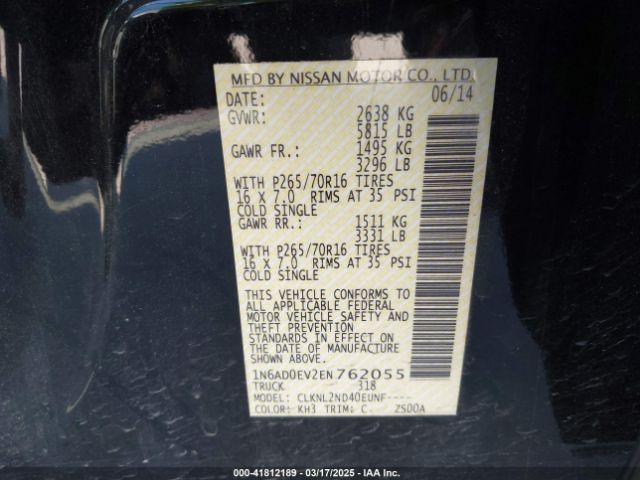 1N6AD0EV2EN762055 Nissan Frontier Sv