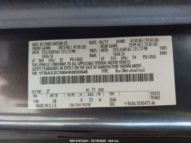 1FBAX2CM6HKB00845 Ford Transit-350 Xlt