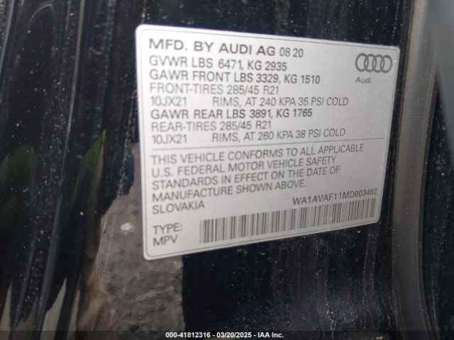WA1AVAF11MD003462 Audi Q8 Premium 55 Tfsi Quattro Tiptronic
