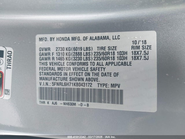5FNRL6H71KB043172 Honda Odyssey Ex-l