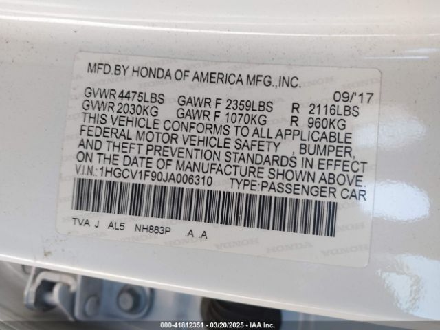 1HGCV1F90JA006310 Honda Accord Touring