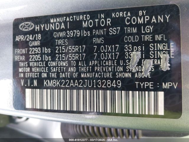 KM8K22AA2JU132849 Hyundai Kona Sel