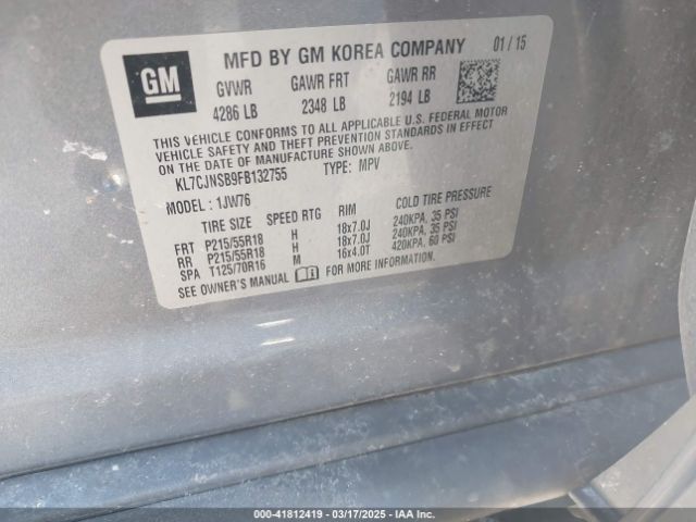 KL7CJNSB9FB132755 Chevrolet TRAX LTZ
