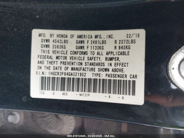 1HGCR3F94GA021952 Honda Accord Touring