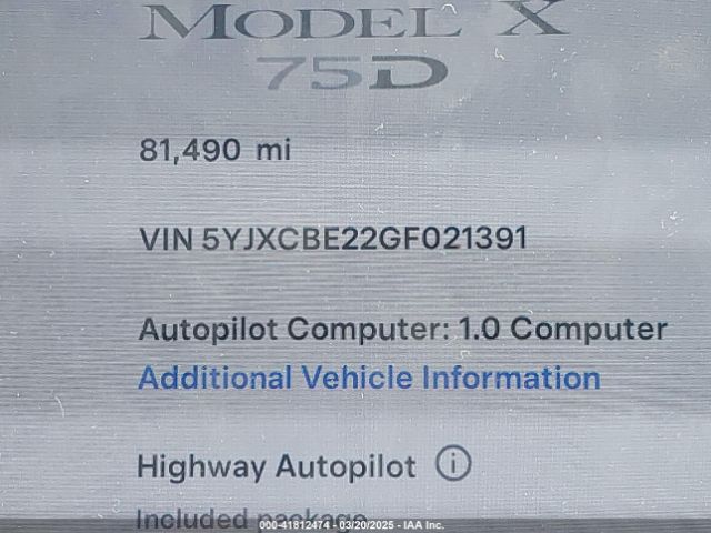 5YJXCBE22GF021391 Tesla Model X 60d/70d/75d/90d/p100d