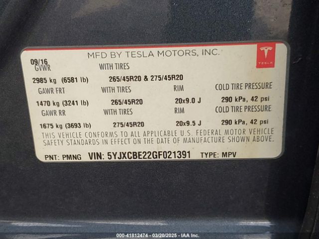 5YJXCBE22GF021391 Tesla Model X 60d/70d/75d/90d/p100d