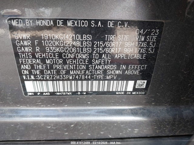 3CZRZ2H33PM747844 Honda Hr-v Awd Lx