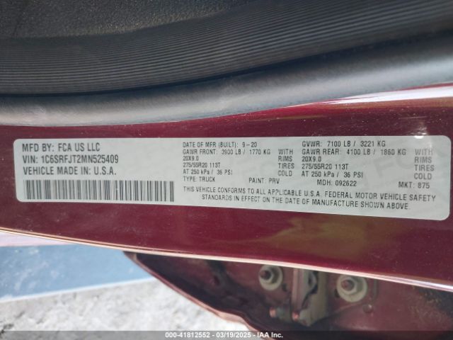1C6SRFJT2MN525409 RAM 1500 Laramie  4x4 5'7 Box