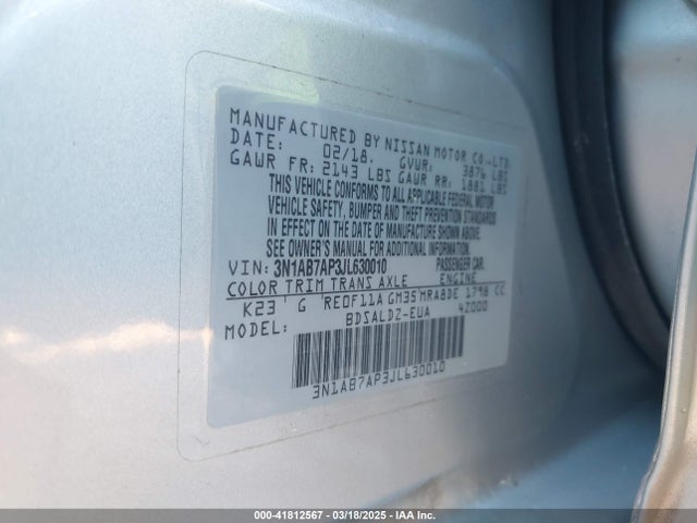 3N1AB7AP3JL630010 Nissan SENTRA SV