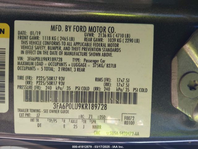 3FA6P0LU9KR189728 Ford Fusion Hybrid Se