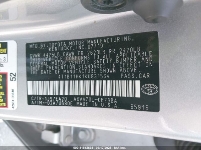 4T1B11HK1KU831564 Toyota CAMRY SE