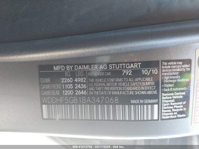 41812700 :رقم المزاد ، WDDHF5GB1BA347068 vin ، 2011 Mercedes-benz E 350 مزاد بيع