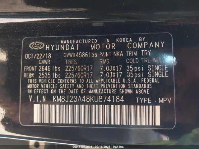 KM8J23A48KU874184 Hyundai TUCSON SE