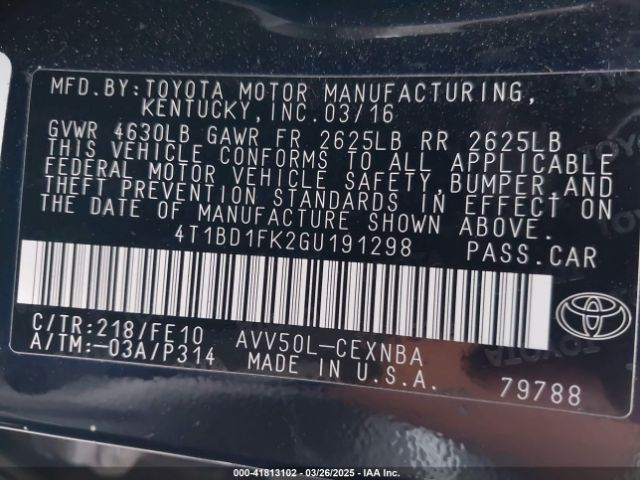 4T1BD1FK2GU191298 Toyota Camry Hybrid Le