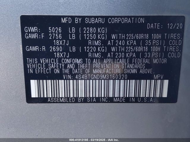 4S4BTGND9M3160320 Subaru Outback Limited Xt