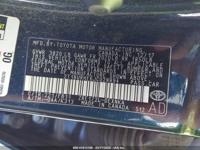 2T1BURHE6JC028894 Toyota COROLLA LE