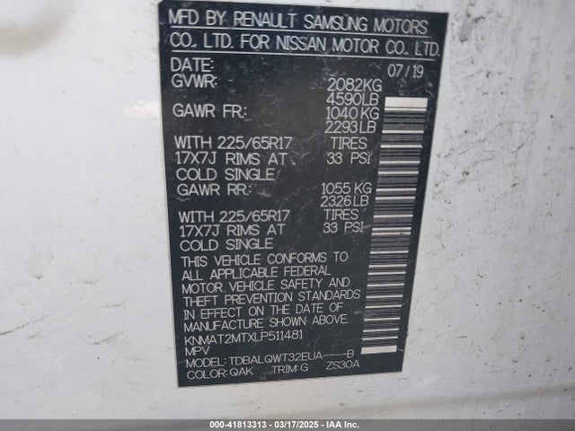 KNMAT2MTXLP511481 Nissan Rogue Sv Fwd
