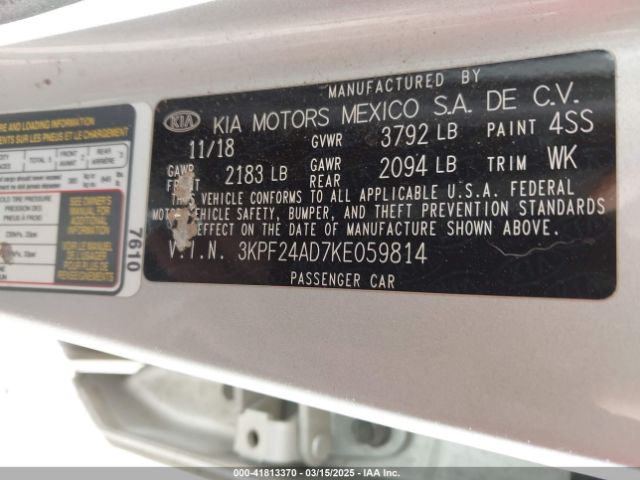 3KPF24AD7KE059814 KIA Forte Lxs
