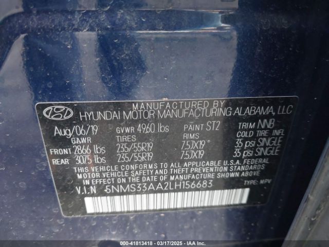 5NMS33AA2LH156683 Hyundai Santa Fe Sel 2.0t
